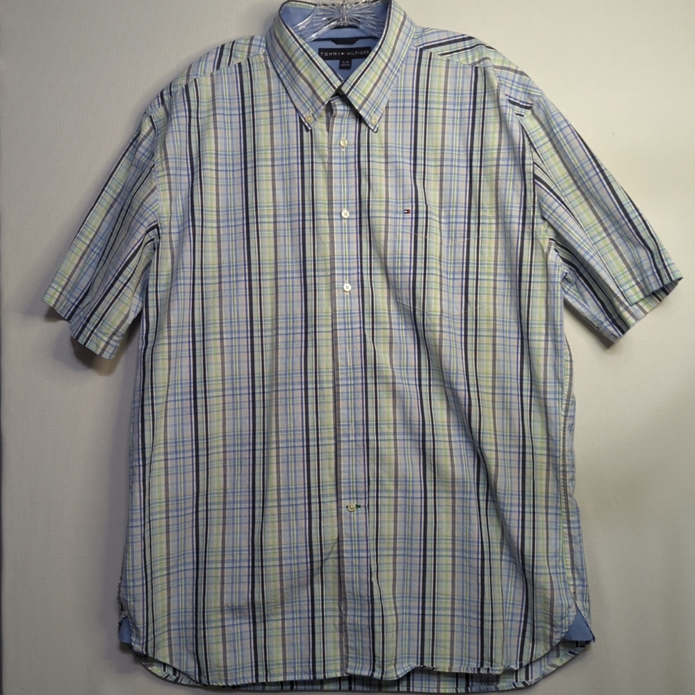 Tommy Hilfiger Mens XL Short Sleeve Button Down Plaid Shirt 80s 2-Ply Fabric 600